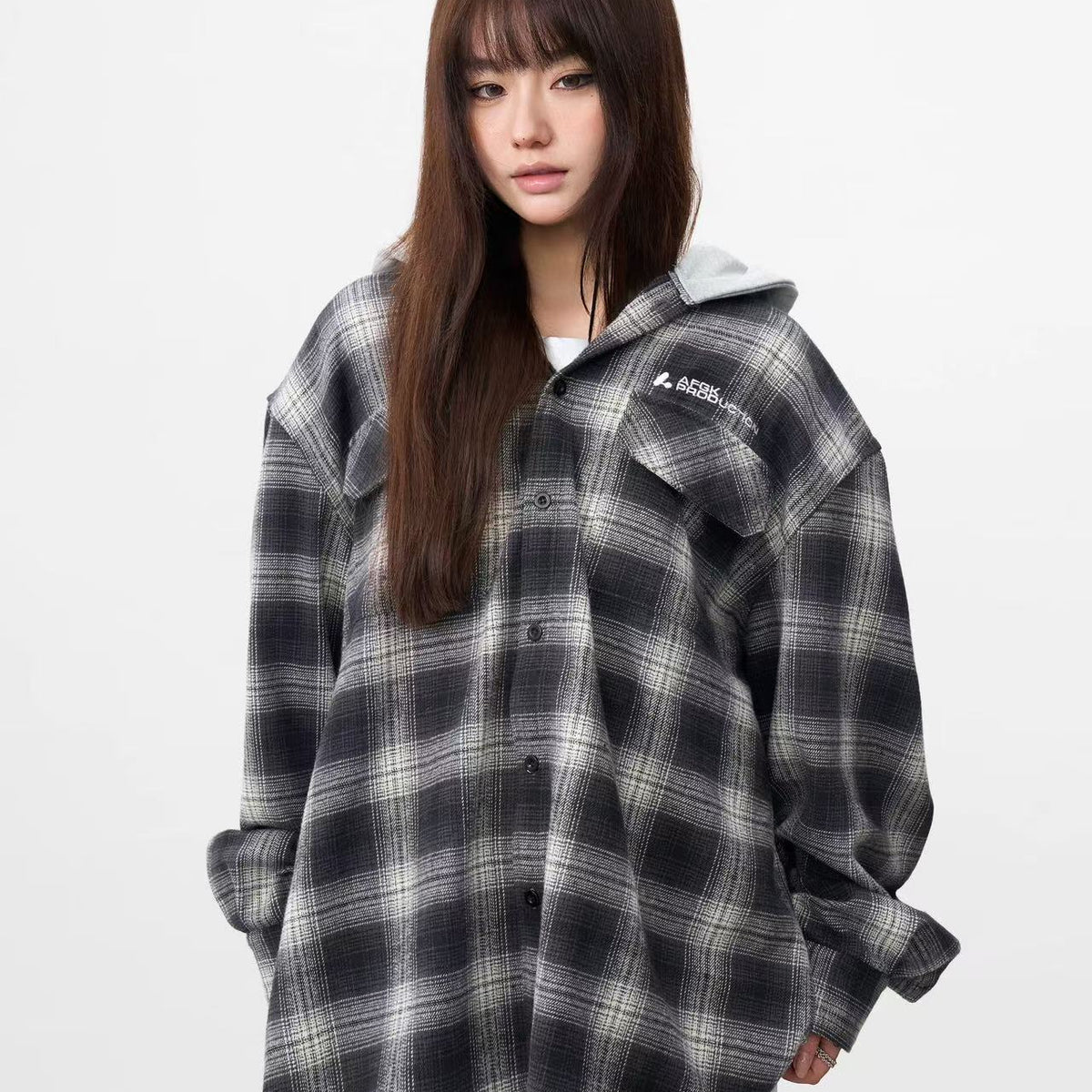 AFGK Vintage Plaid Hooded Long-sleeved Shirt