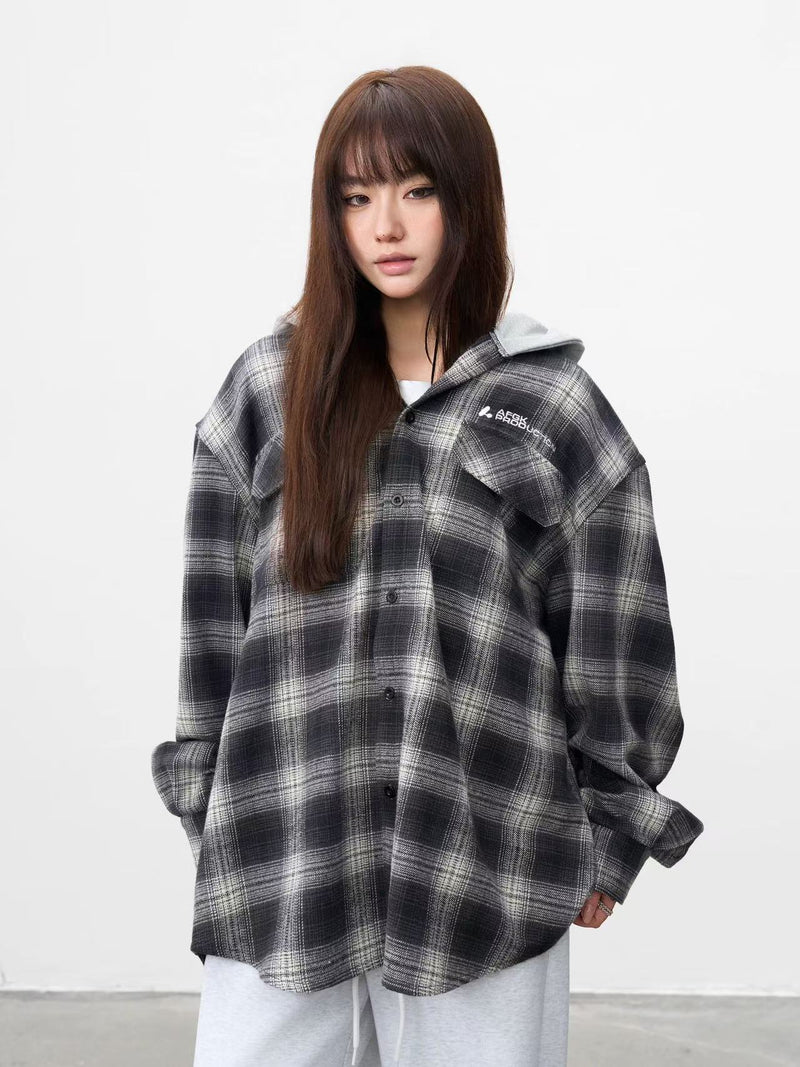 AFGK Vintage Plaid Hooded Long-sleeved Shirt