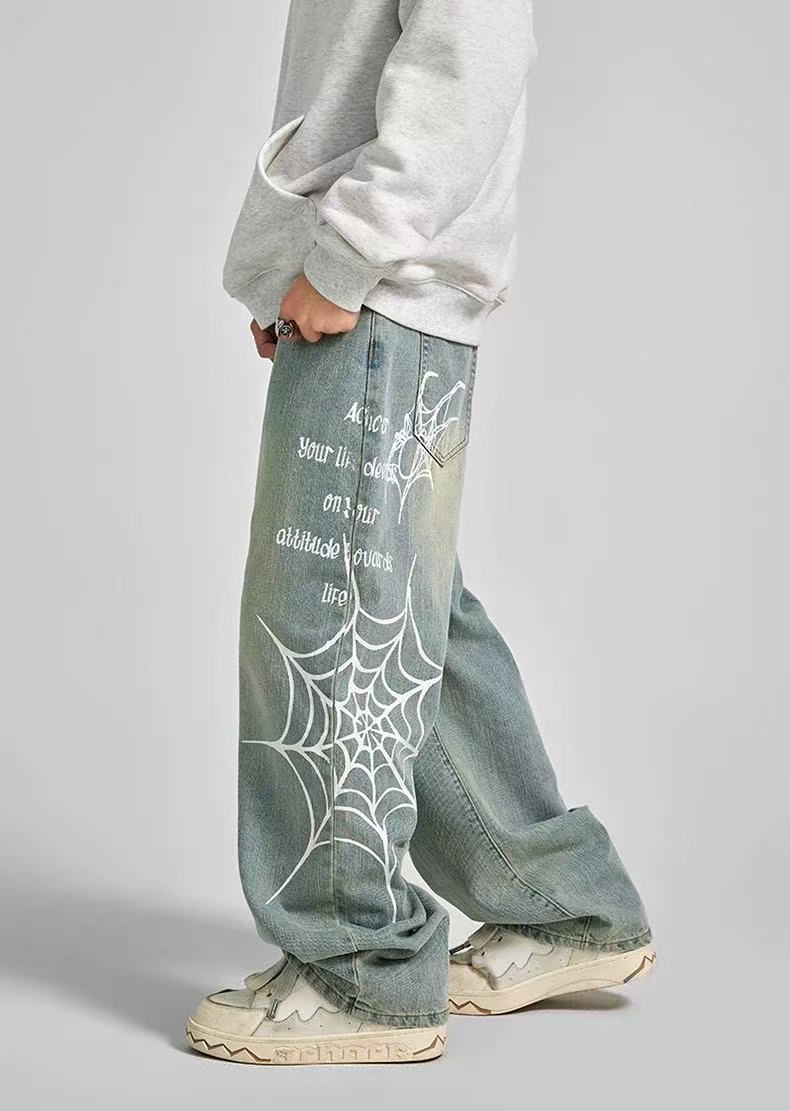 ACHOCK Spiderweb Print Washed Jeans