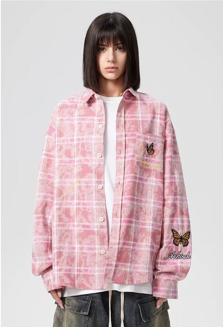 ACHOCK Washed Butterfly Embroidered Long-sleeved Shirt