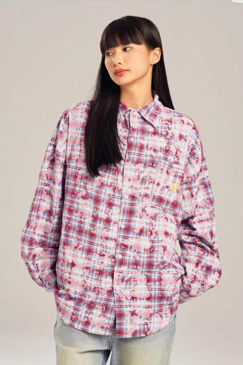 BIPOLAR Retro Floral Letter Embroidered Tie-dye Plaid Shirt