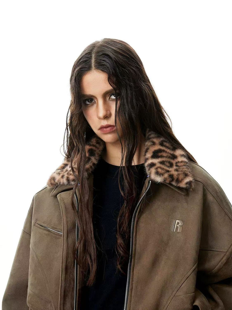 FDR  Suede Leopard Print Contrast Lapel Cardigan Jacket