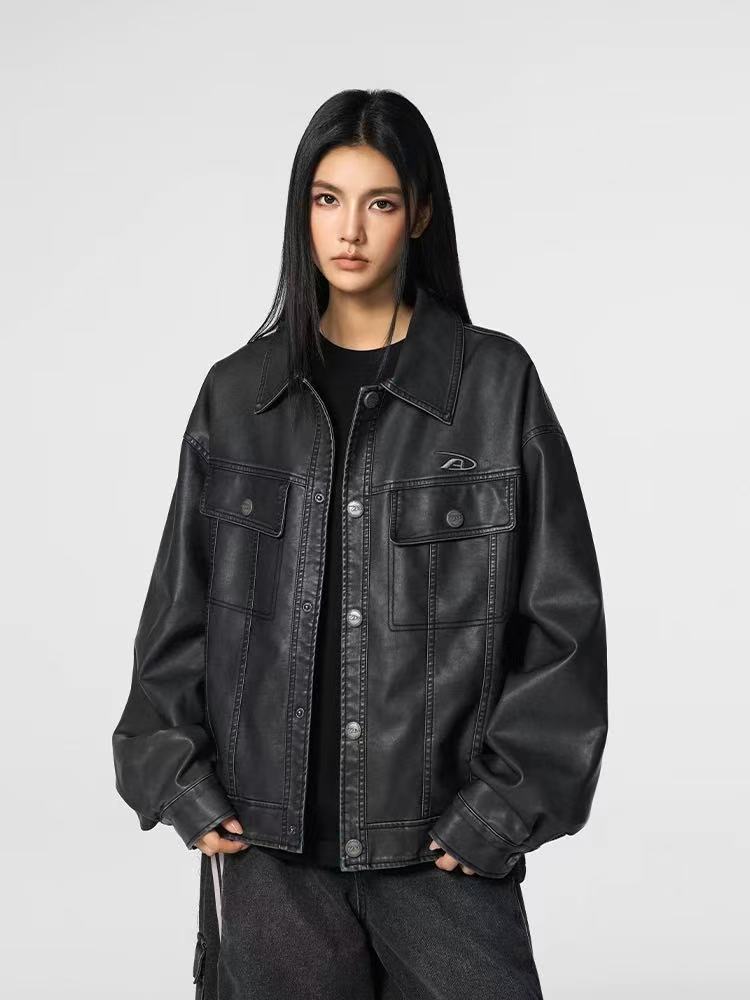 ACHOCK Vintage Washed Lapel Leather Jacket