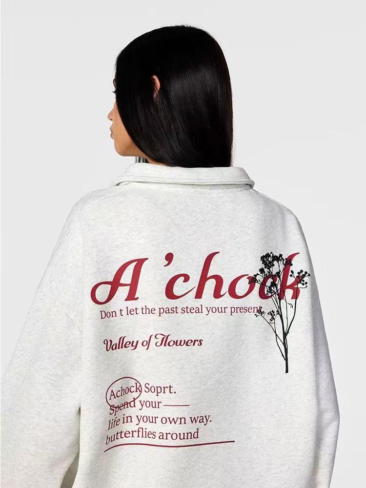 ACHOCK Butterfly Appliqué Polo Zipper Sweatshirt