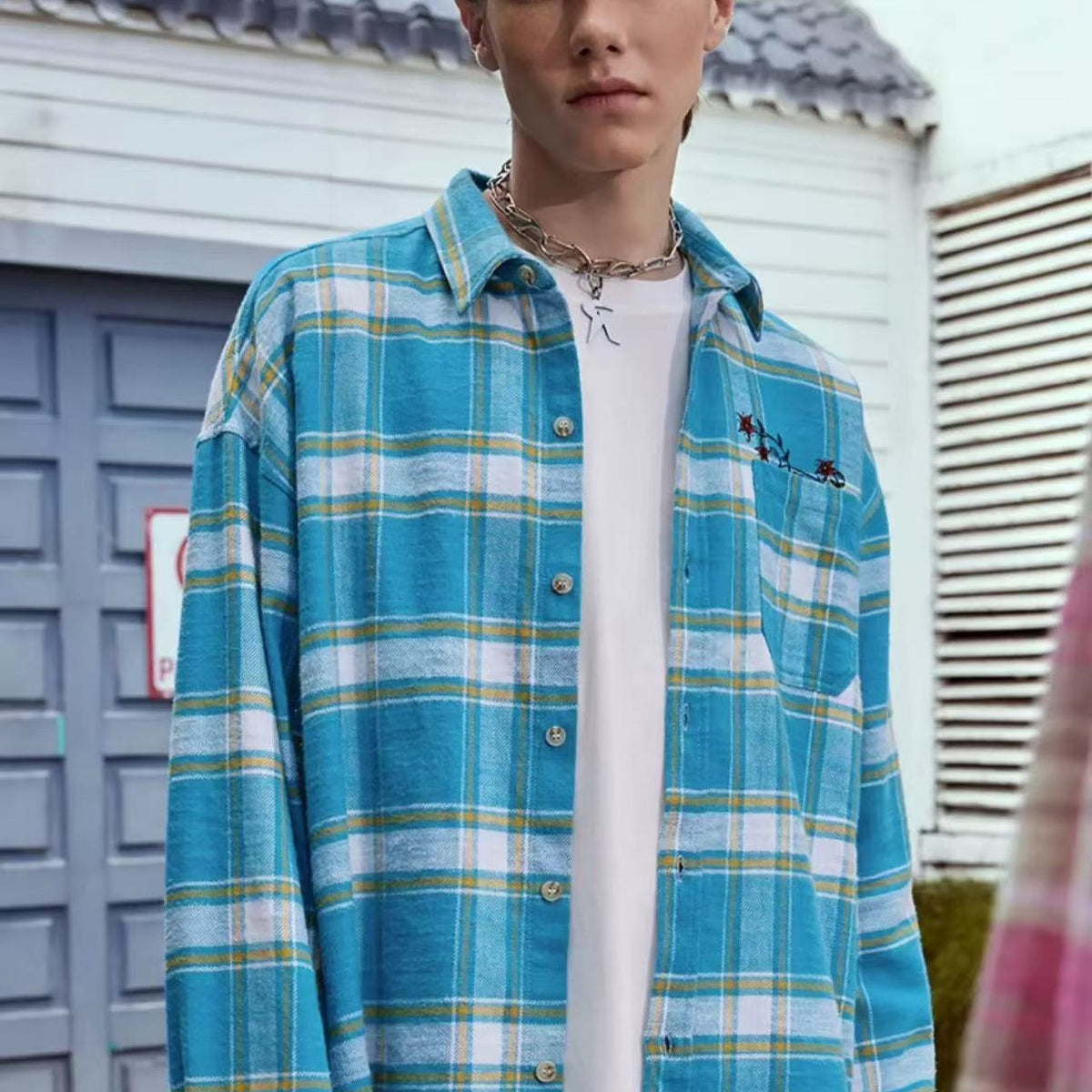 ACHOCK Embroidery Fringe Plaid Long Sleeve Shirt