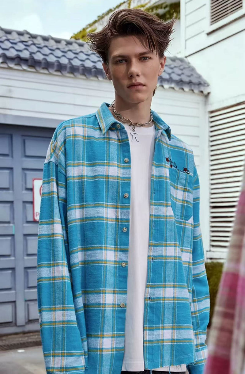 ACHOCK Embroidery Fringe Plaid Long Sleeve Shirt