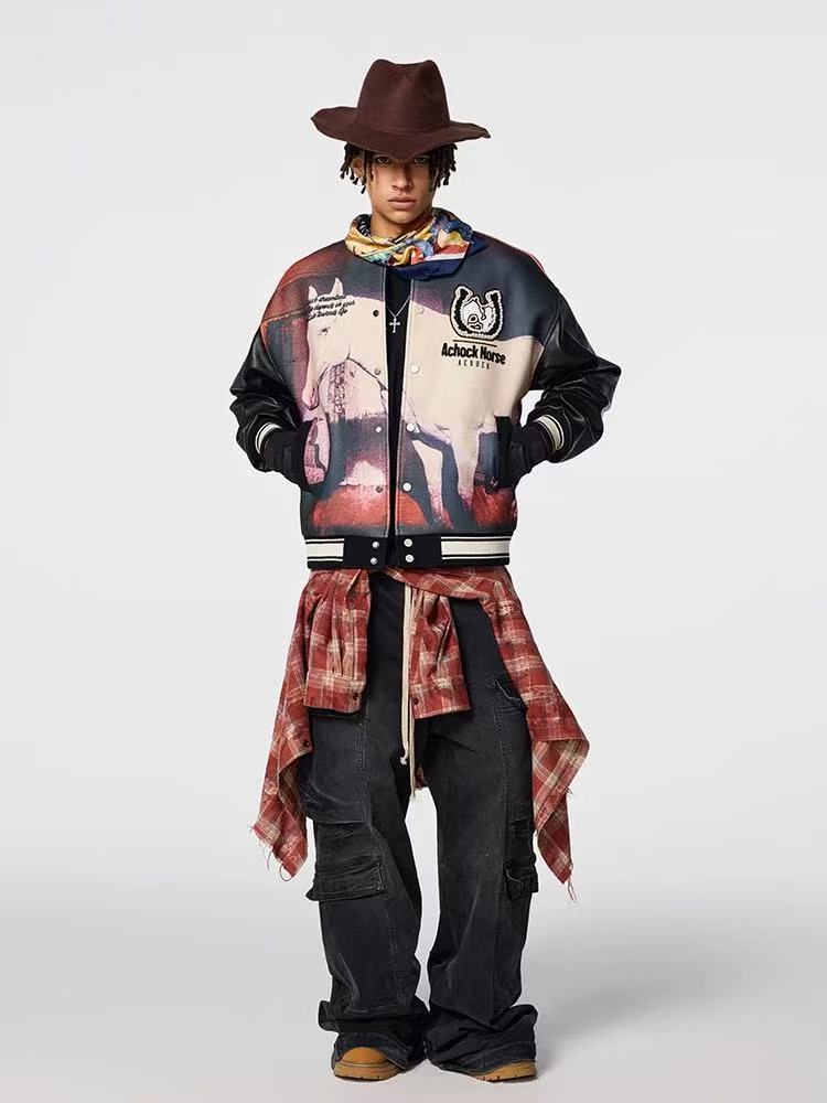 ACHOCK Vintage Western Cowboy Full Printing Hot Drill Jacket