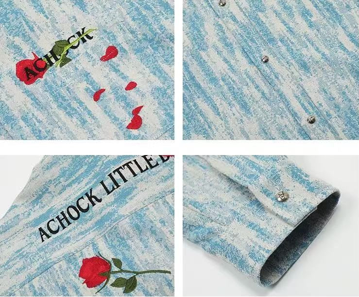 ACHOCK Rose Embroidery Washed Distressed Long-sleeve Shirt