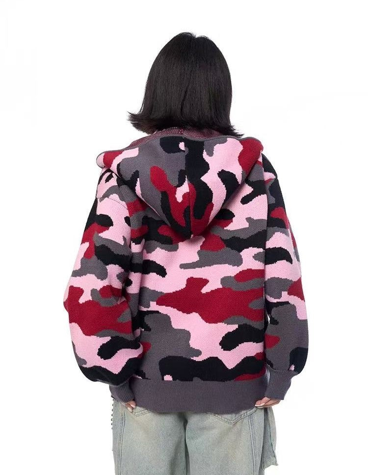 AFGK Pink Camouflage Hooded Cardigan Sweater