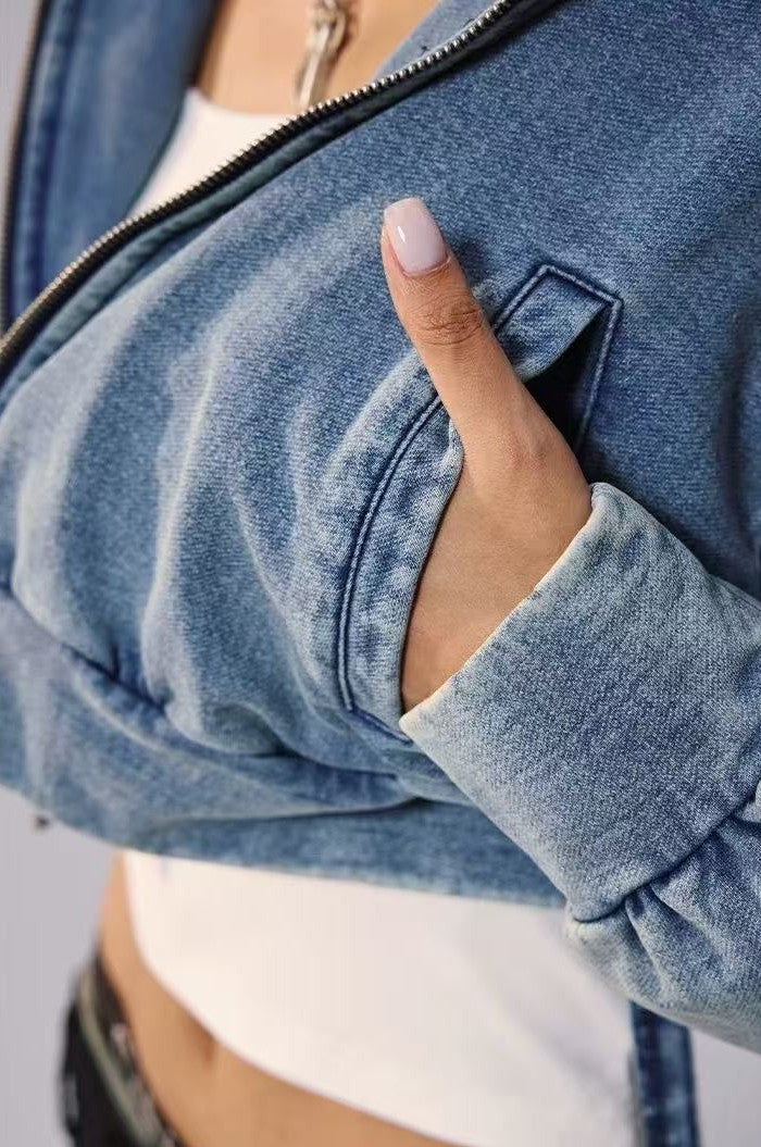 REMEDY Retro Distressed Washed Denim Backpack Hooded Jacket (For Women)