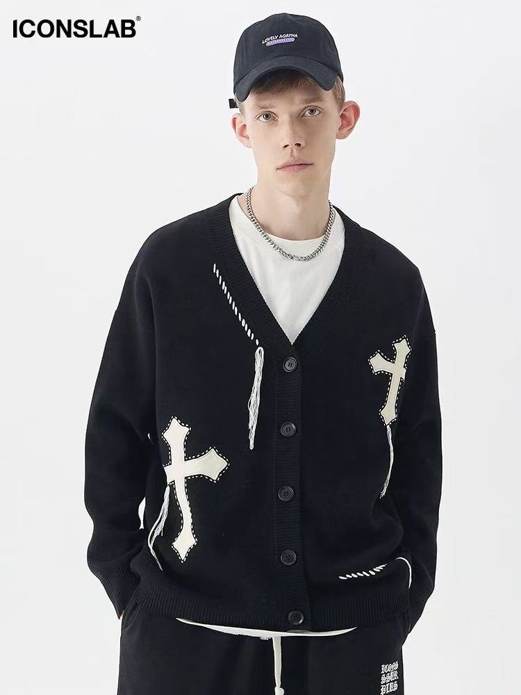ICONSLAB V-neck Knitted Cardigan Cross Jacquard Sweater
