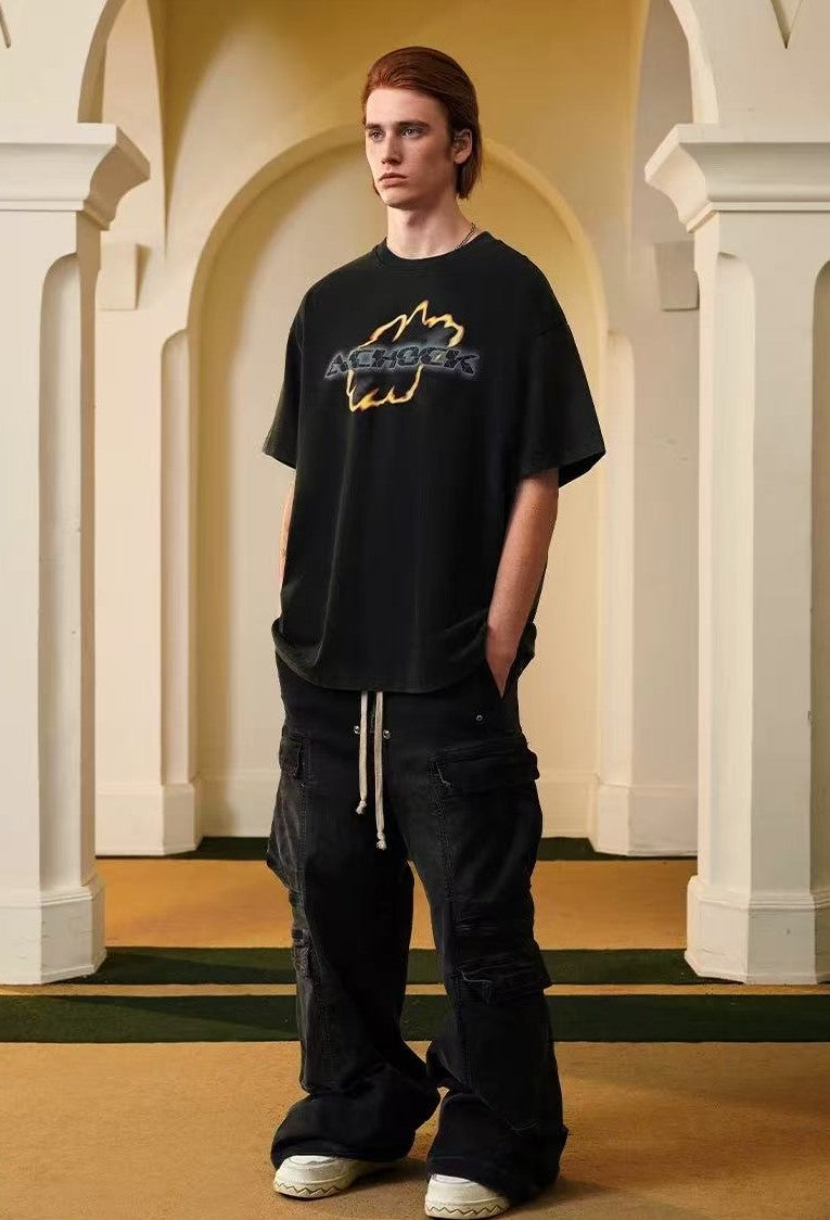 ACHOCK Washed Distressed Flame Print T-shirts