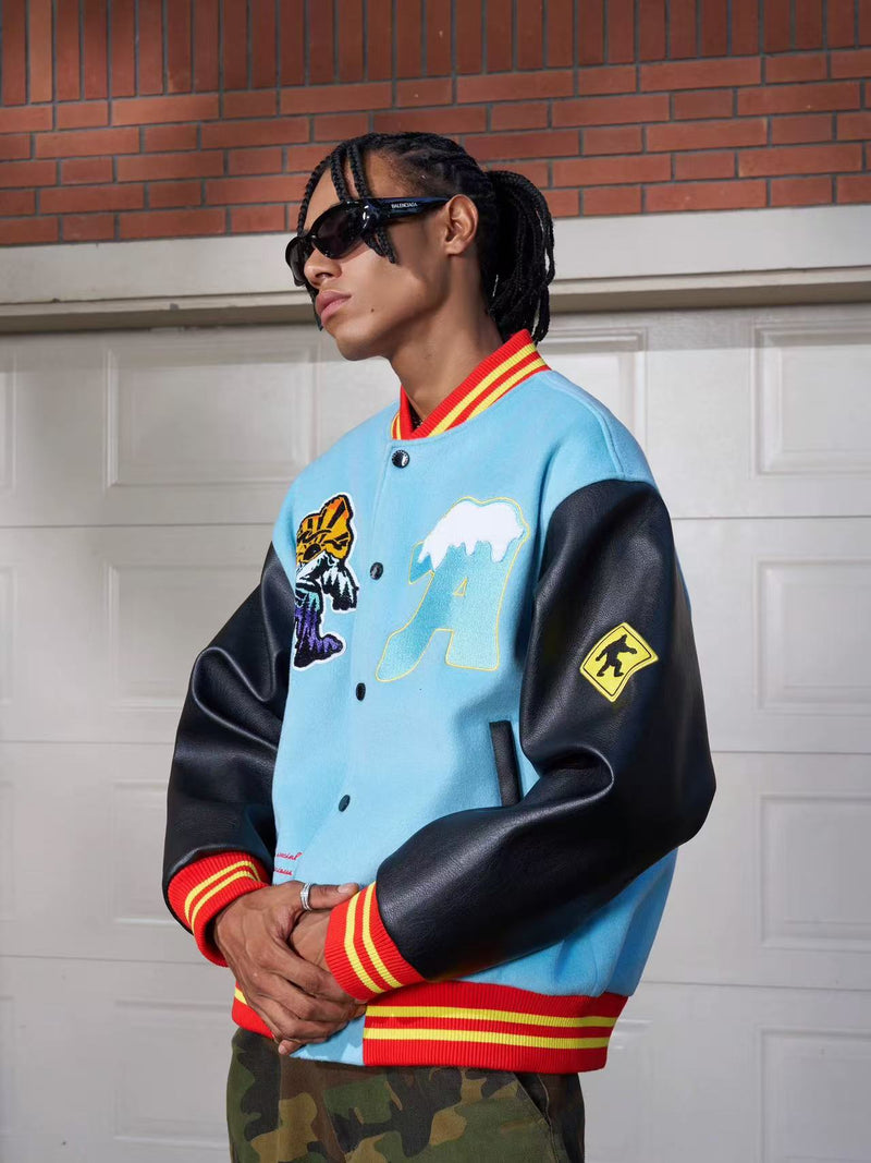 AFGK Snowy Terry Embroidered Contrasting Color Baseball Jacket