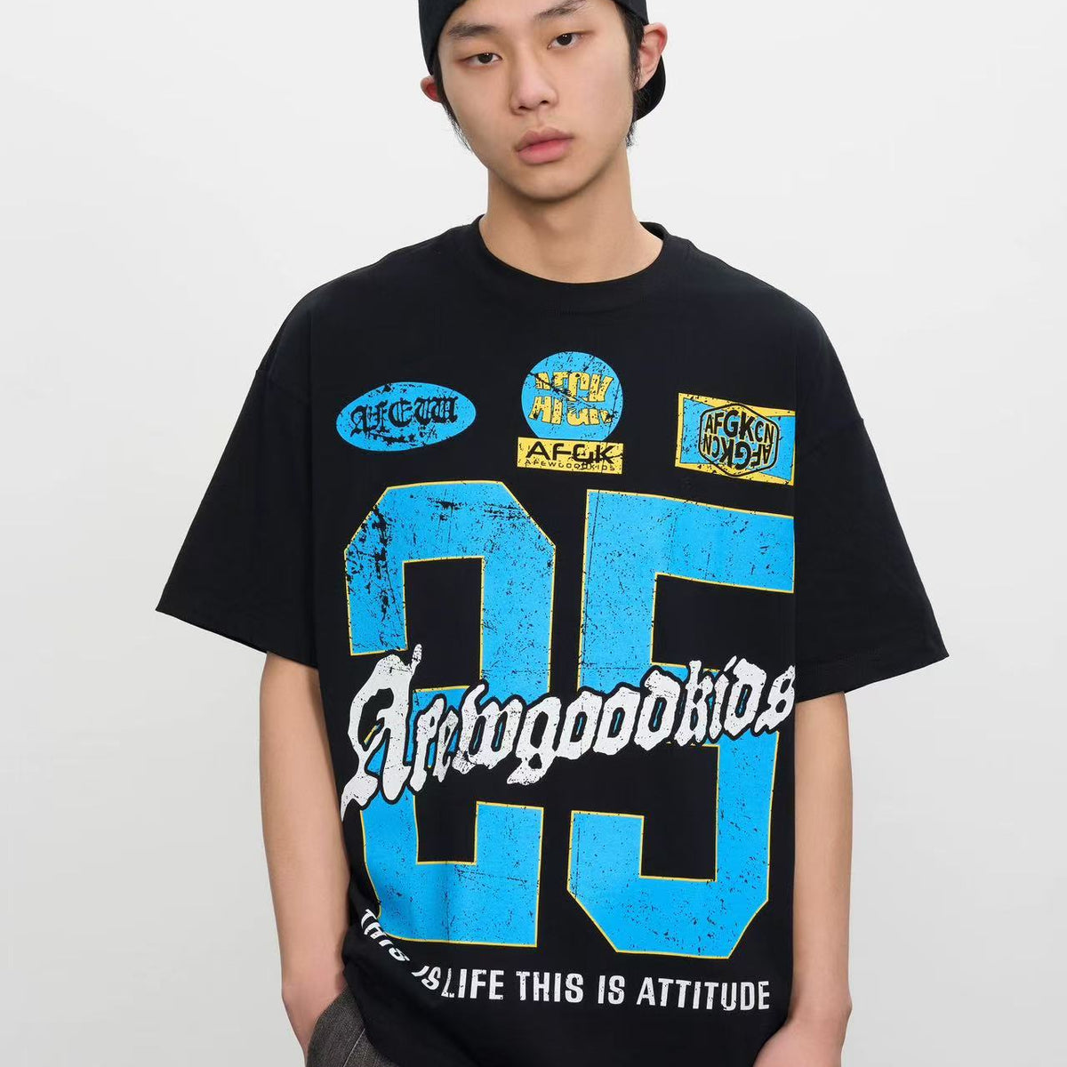 AFGK Retro Distressed Logo Print Short-sleeved T-shirt