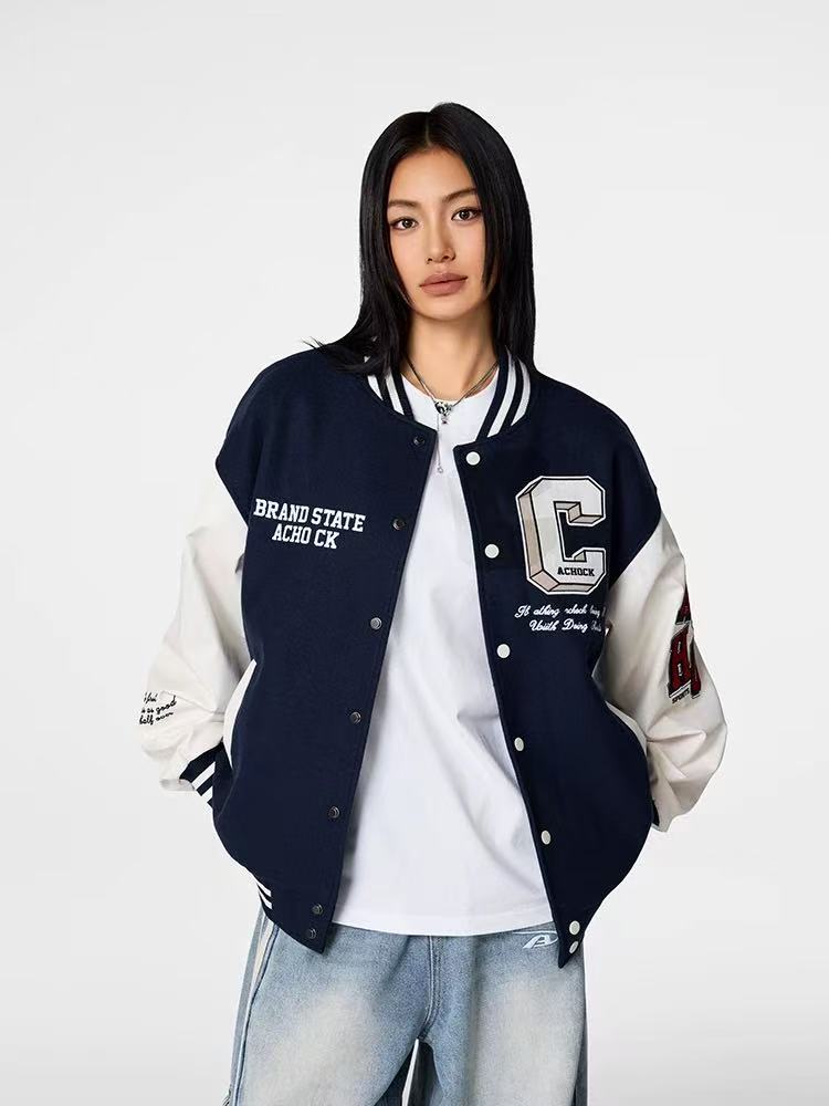 ACHOCK Vintage Embroidery Varsity Jacket