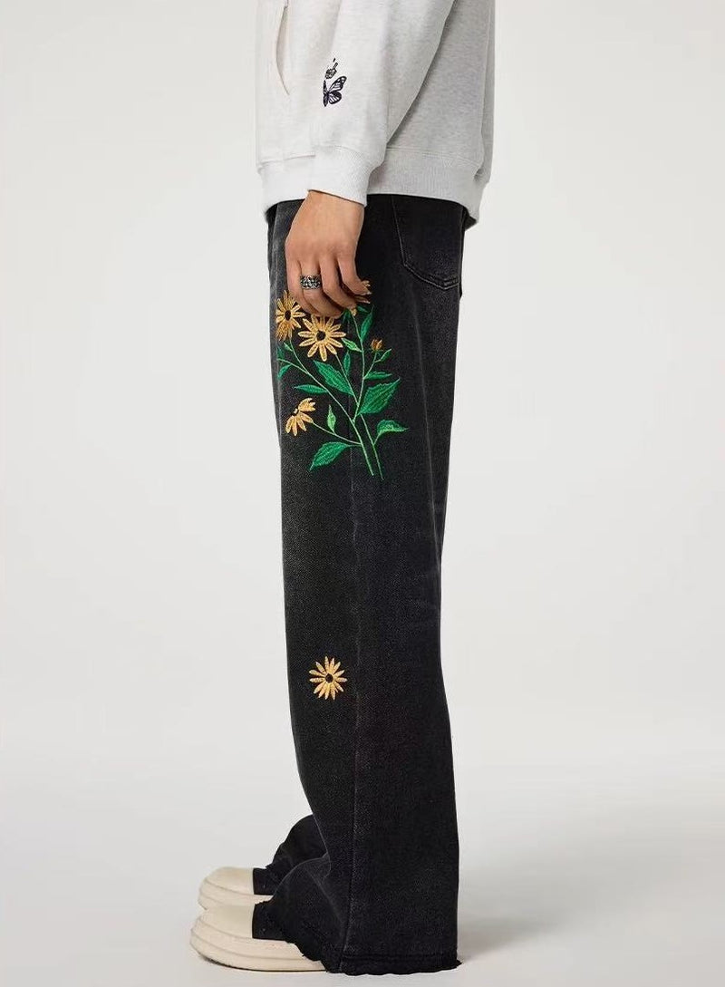 ACHOCK Washed Sun-Flower Embroidered Jeans