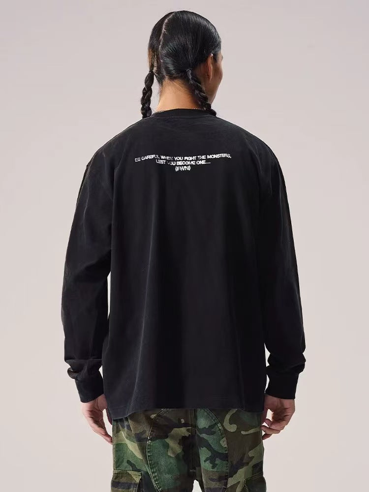 REMEDY Retro Distressed Printing Long-sleeve Tee