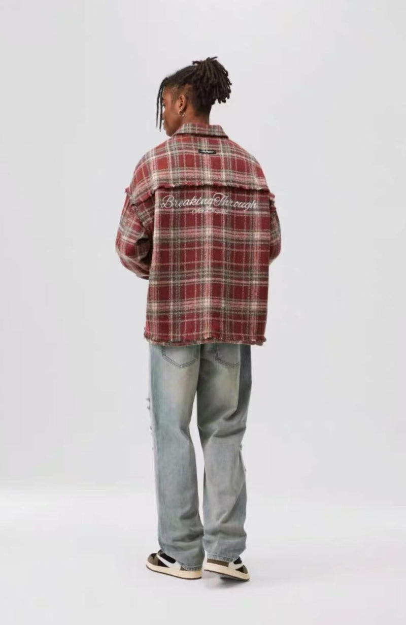 ATRY Washed Distressed Vintage Plaid Raw Edge Jacket