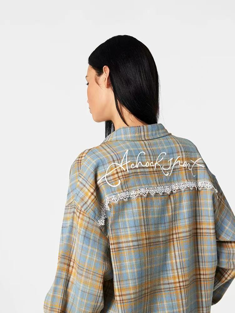 ACHOCK Retro Plaid Lace Splicing Long-sleeve Shirt
