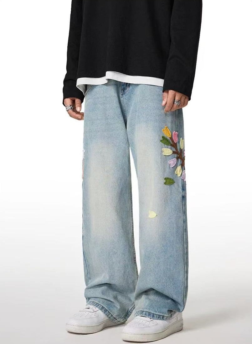 ACHOCK Floral Embroidered Heavy Duty Jeans