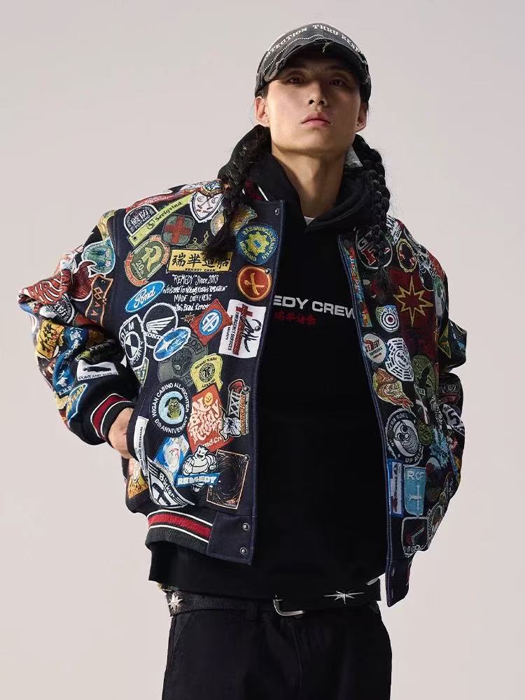 REMEDY Over Printed Badge Varsity Jacket