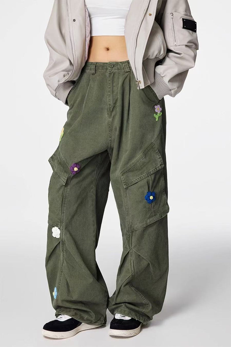 ACHOCK Vintage Multi-pocket Floral Embroidered Paratrooper Pants