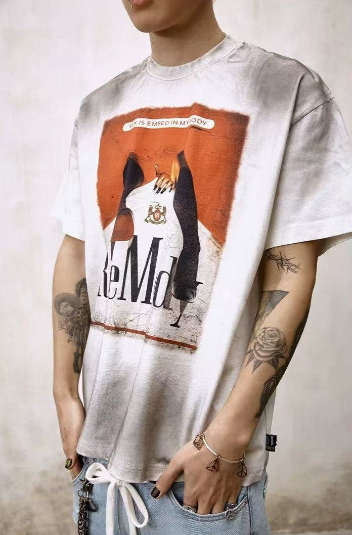 REMEDY Distressed Marlboro Design Short-sleeve T-Shirt
