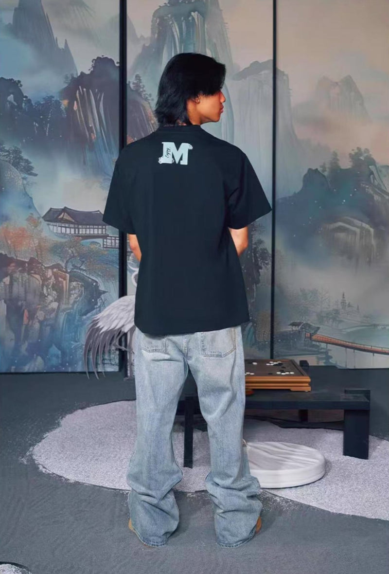 MEDM White Ink Crane Printed Short-sleeve T-shirt