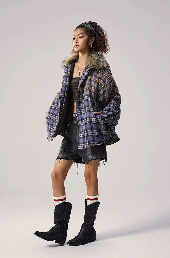 REMEDY Thickened Gradient Distressed Plaid Fur Collar Cotton Coat