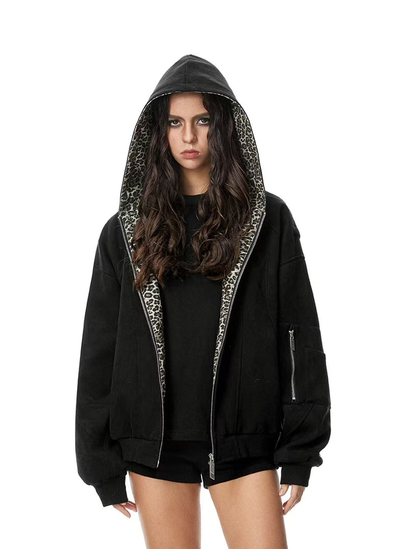 FDR Leopard Print Suede Hooded Jacket