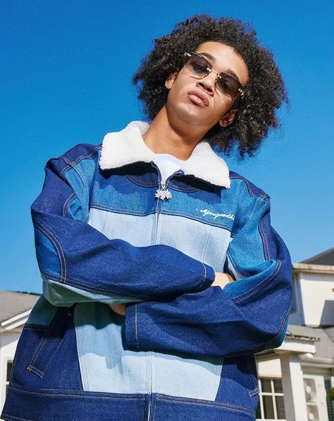 AFGK Spliced Fur Collar Denim Letter Embroidery Jacket