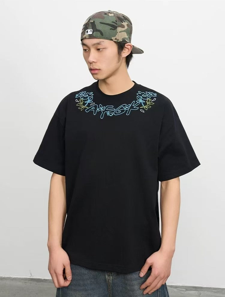 AFGK Floral Necklace Embroidered Short-sleeve T-Shirt