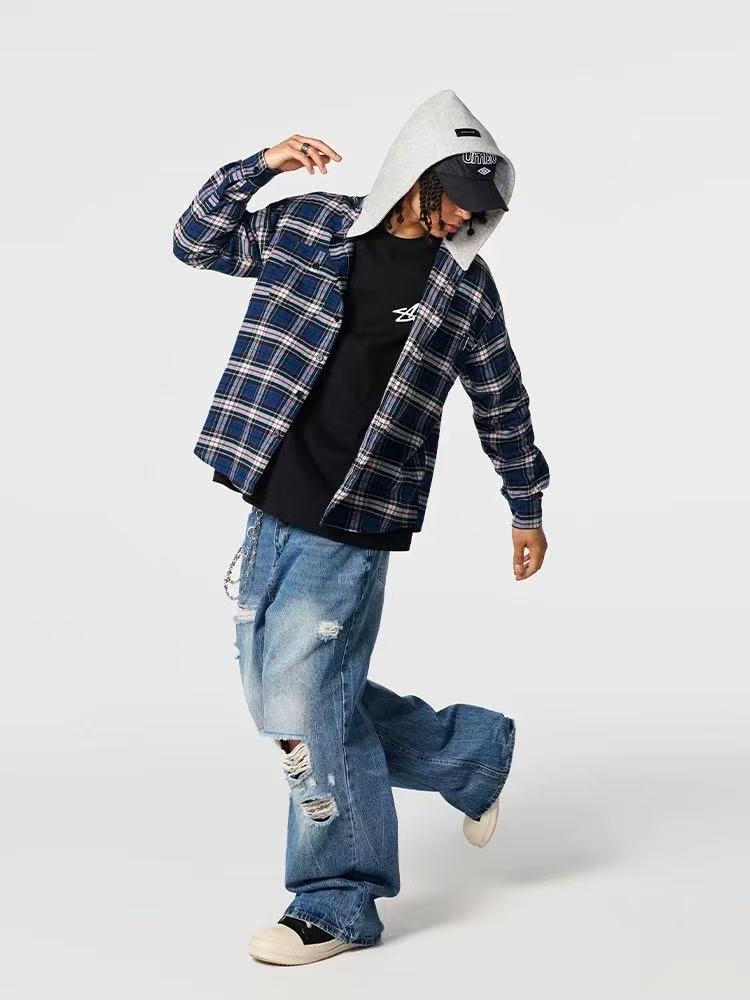 ACHOCK Contrast Blue Plaid Hooded Long-sleeve Shirt