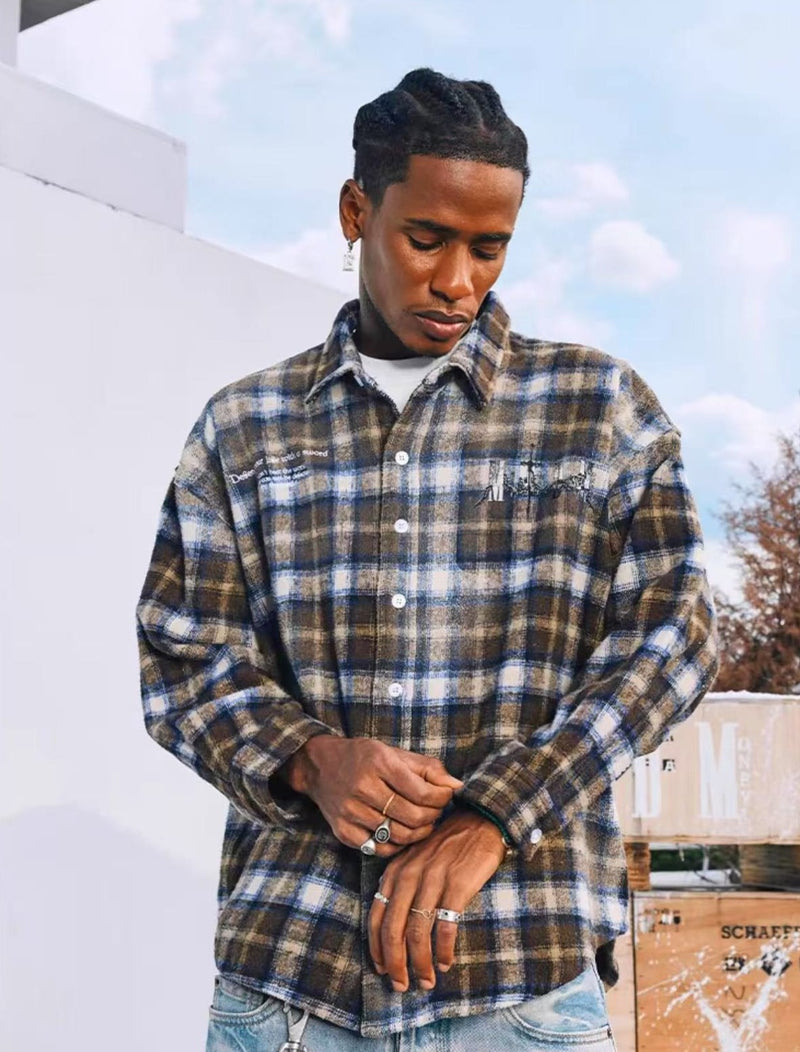 MEDM Washed Distressed Rose and Sword Plaid Long-sleeve Shirt