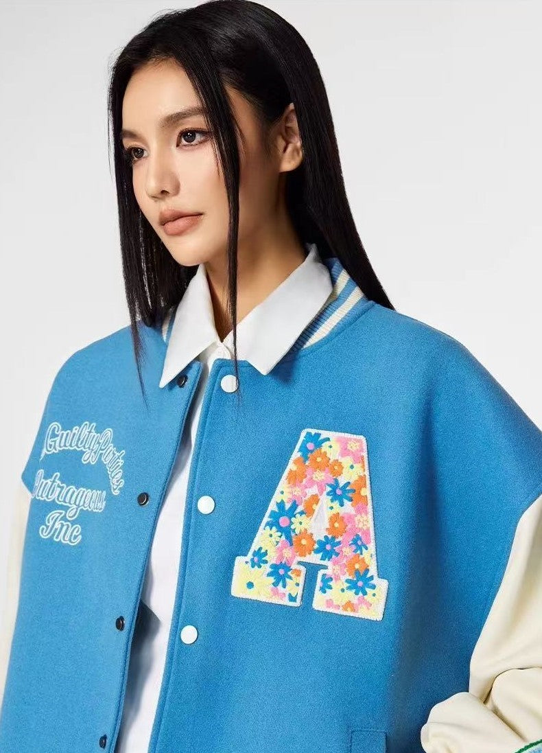 ACHOCK Hollow Floral  Embroidered Baseball Jacket