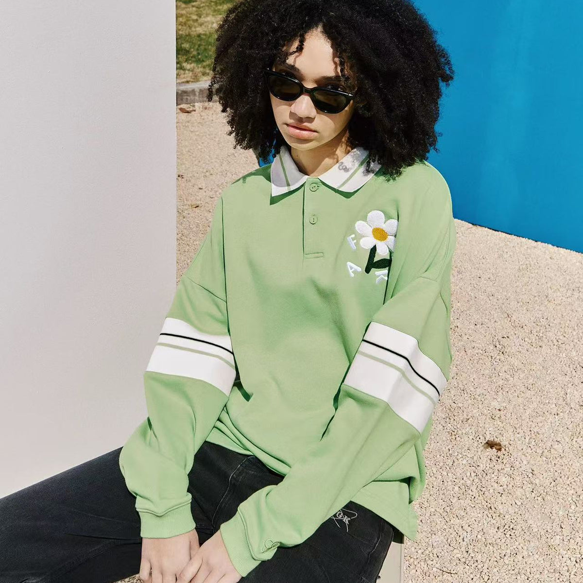 AFGK Small Flower Long-sleeve Polo T-shirt