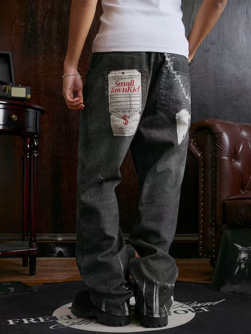 STK Vintage Distressed Wash 3D Badge Print Jeans