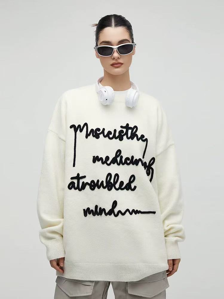 ACHOCK Embroidered Monogram Letter Pullover Sweater