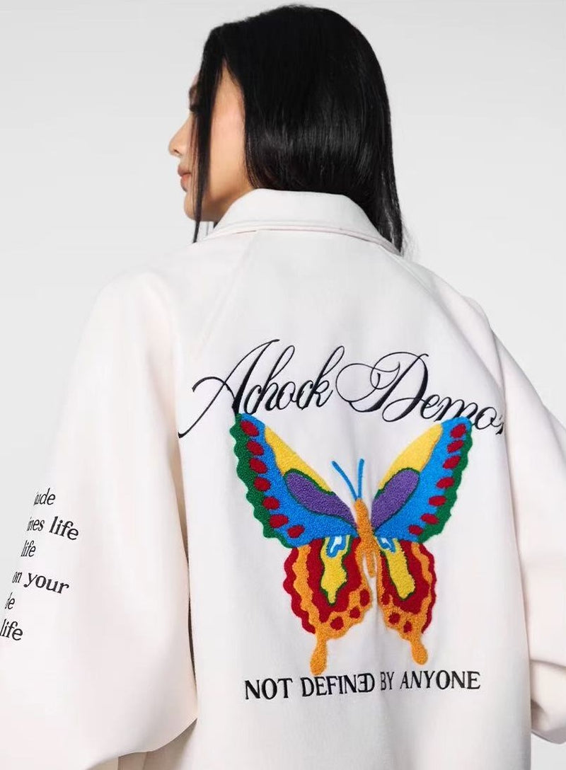 ACHOCK Butterfly Embroidered Stand Collar Baseball Jacket