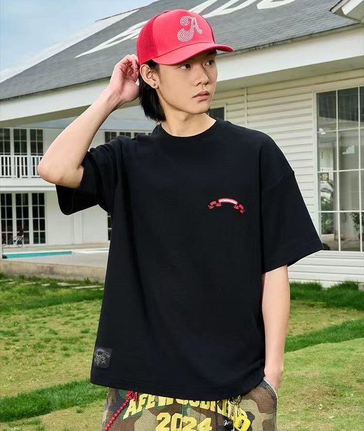 AFGK Waffle Ribbon Embroidered Short-sleeves T-shirt
