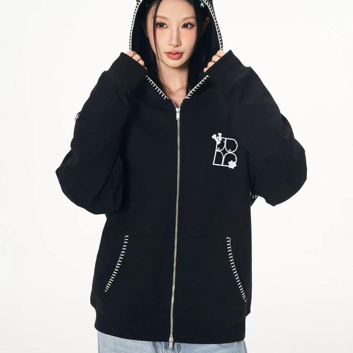 BIPOLAR Dog Ear Patch Zipper Hoodie