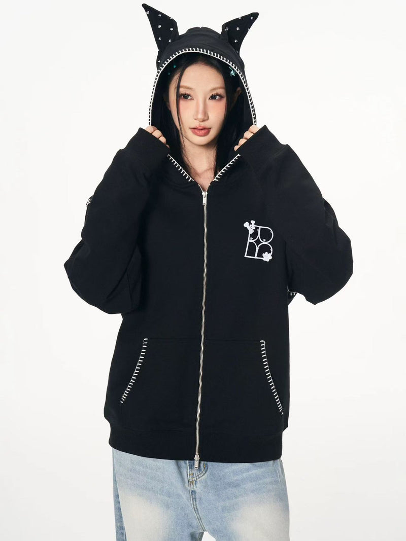 BIPOLAR Dog Ear Patch Zipper Hoodie