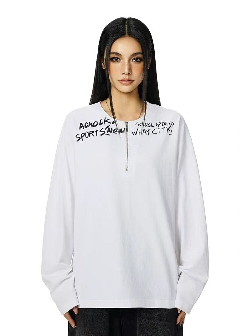 ACHOCK Henley Collar Monogram Half-zip Long-sleeved T-shirt
