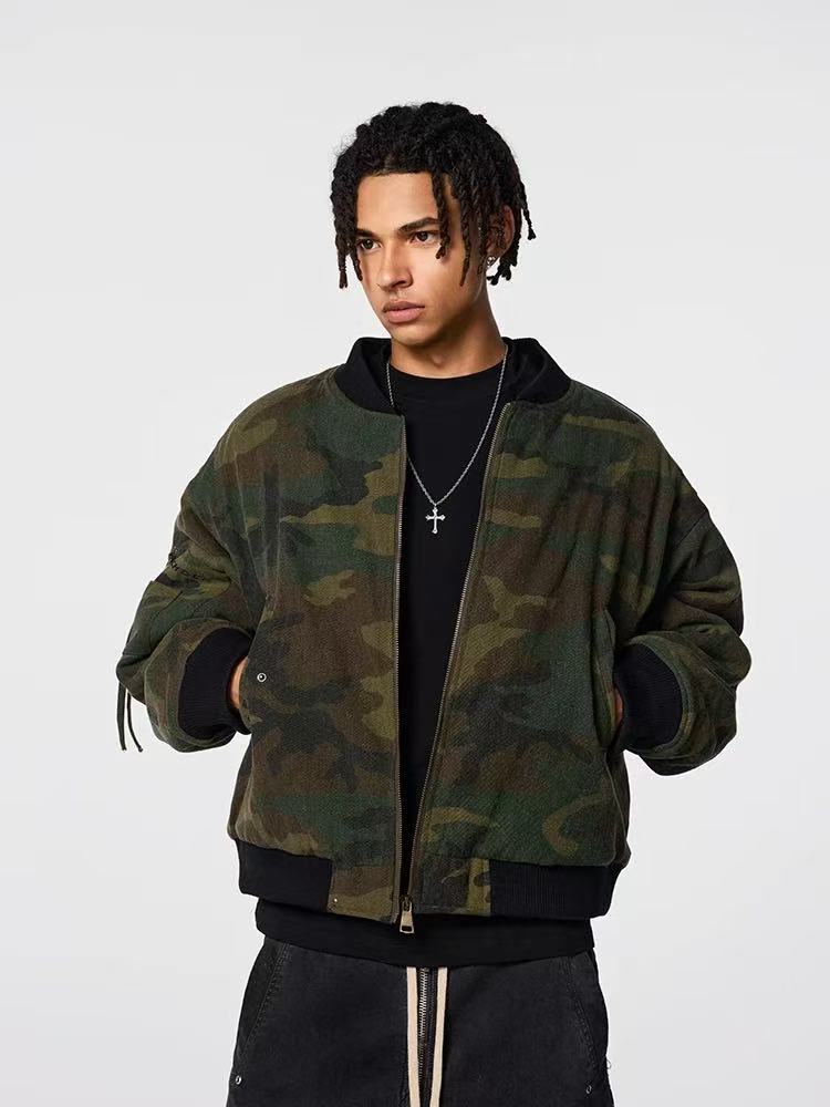 ACHOCK Washed Distressed Camouflage Cotton Bomber Jacket