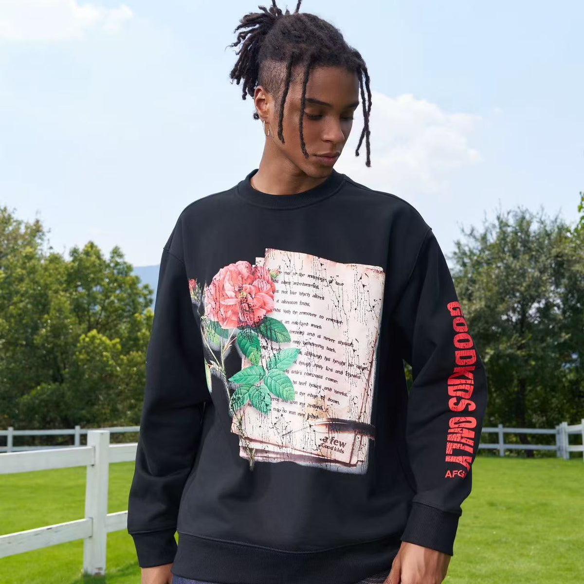 AFGK Flowers and Love Letters Thin Velvet Crew Neck Sweatshirt