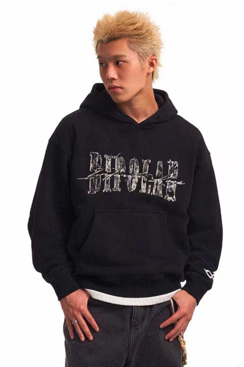 BIPOLAR Destroyed and Torn Creative Design Denim Patch Hoodie