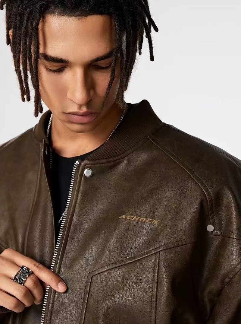 ACHOCK Retro Nostalgic Motorcycle Quilted Leather Jacket