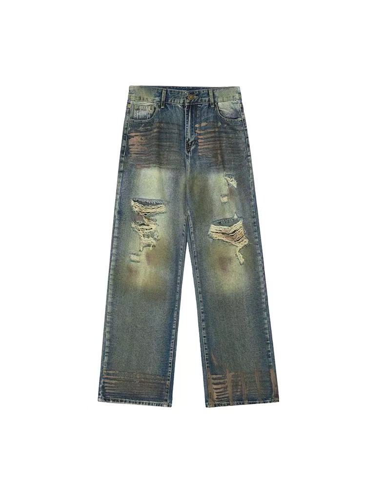 ACHOCK Retro Distressed Straight Leg Jeans