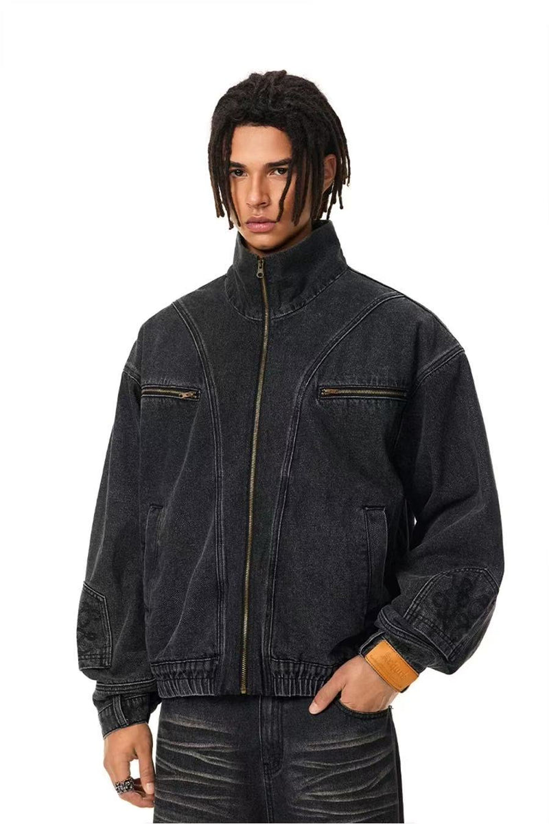 ACHOCK Street Wash Deconstructed Stand Collar Denim Jacket