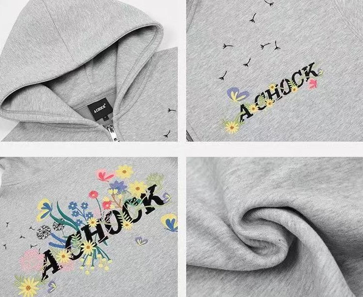 ACHOCK Heavy Floral Embroidered Zipper Sweatshirt